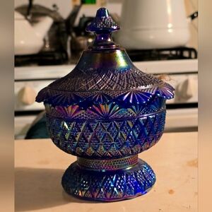 Vintage Fenton Iridescent Blue Pagoda Candy Dish